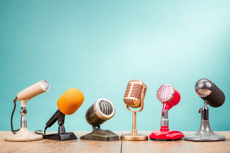 Retro,Old,Microphones,For,Press,Conference,Or,Interview,On,Table | podcasting for business | | Site Hub