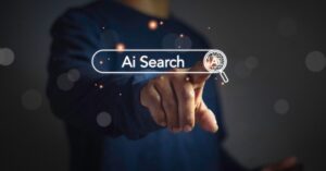 A hand touching a glowing search bar labeled Ai Search