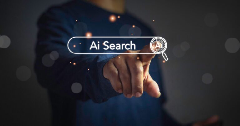 A hand touching a glowing search bar labeled Ai Search