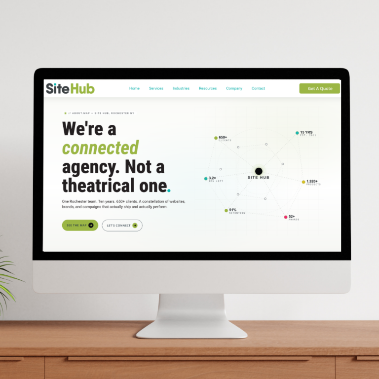 The Site Hub About page shown on a desktop monitor